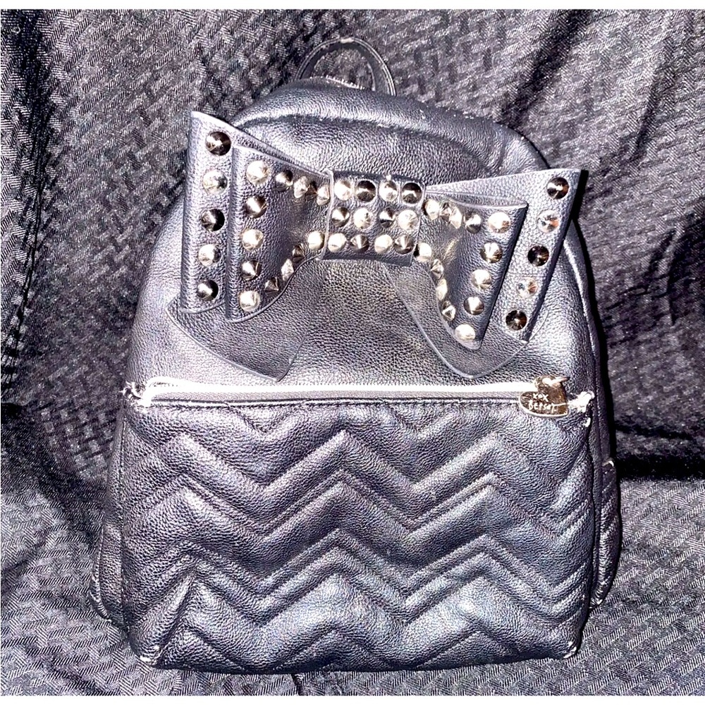 Betsey Johnson Black Faux Leather Backpack With Studded Bow Some Wear see pix